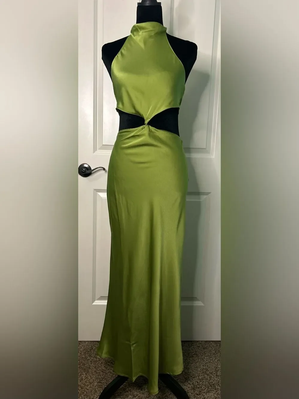 Edit by Nine Satin Halter Cutout Twist Front Maxi Dress Green - Picture 2 of 14